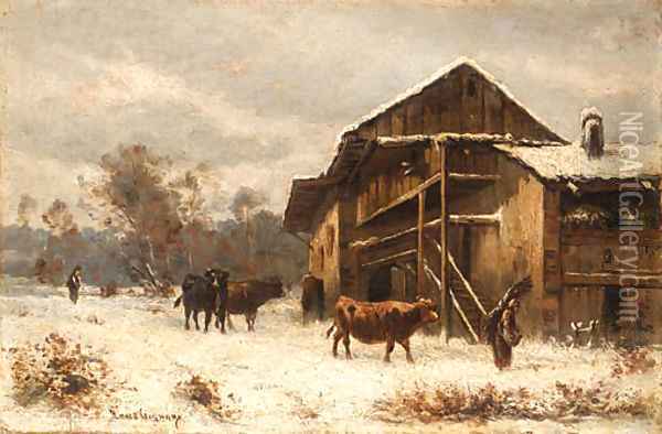 Winter on the Farm Oil Painting - Marie-Regis-Francois Gignoux