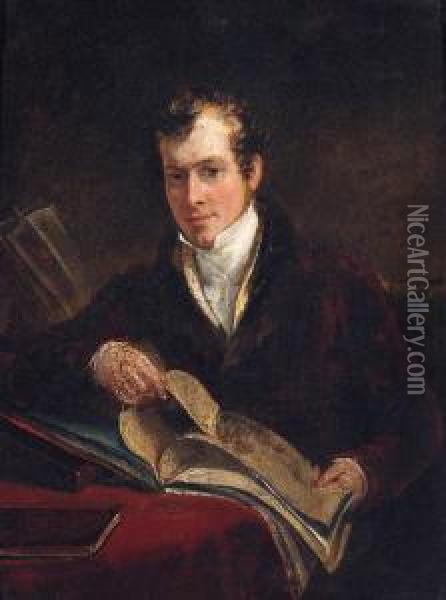 Portrait Of The Hon. Robert S. 
Jameson, Seated Small Three-quarter-length, In A Red Jacket With Fur 
Collar And White Shirt, Seated Ata Table, Holding An Open Book Oil Painting - John Hayter