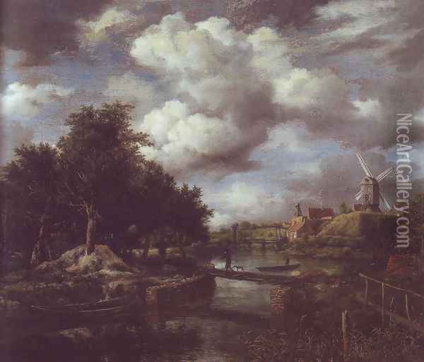 Landscape with a windmill near town moat Oil Painting - Jacob Van Ruisdael