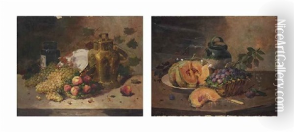 Nature Morte Aux Prunes Et Melon Tranche; Et Nature Morte Aux Grappes De Raisins Et Peches Oil Painting - Emile Godchaux