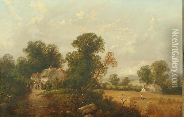 A Mother And Child At A Cottage Gate With Other Figures Harvesting In A Field Nearby Oil Painting - Walter Williams