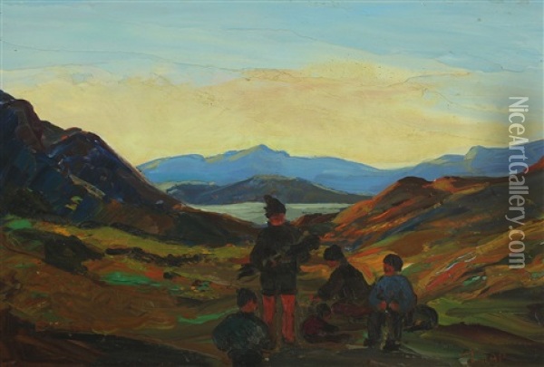 Greenlandic Family In Hilly Summer Landscape Oil Painting - Emanuel A. Petersen
