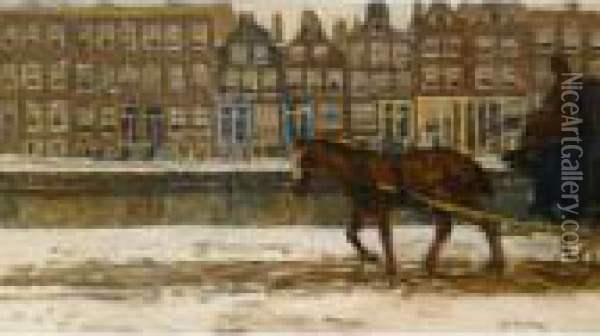 A Horse And Carriage On A Snow Covered Canal In Amsterdam Oil Painting - George Hendrik Breitner