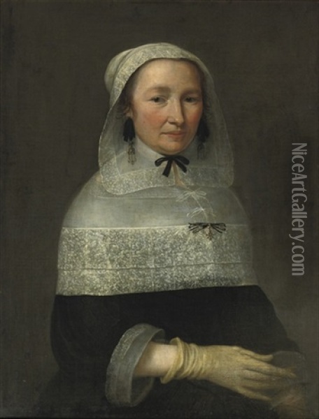 Portrait Of A Lady In A Black Dress With Lace Collar, Cuffs And Headdress, Wearing Ochre Gloves Oil Painting - Jacob Gerritsz Cuyp