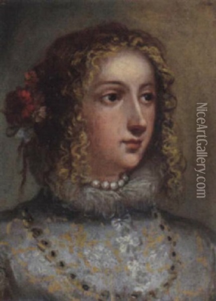 Ritratto Di Donna Con Collana Di Perle E Fiori Nei Cappelli Oil Painting - Girolamo Forabosco