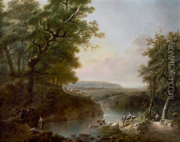 Flusslandschaft Mit Figurenstaffage Und Rastenden Schafen Oil Painting - Johann-Heinrich Wuest