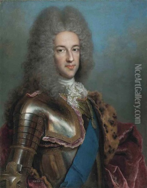 Portrait Of James Francis Edward Stuart, The Old Pretender In Armor, With The Sash Of The Order Of The Garter And The Medal Of The Order Of The Thistle Oil Painting - Alexis-Simon Belle