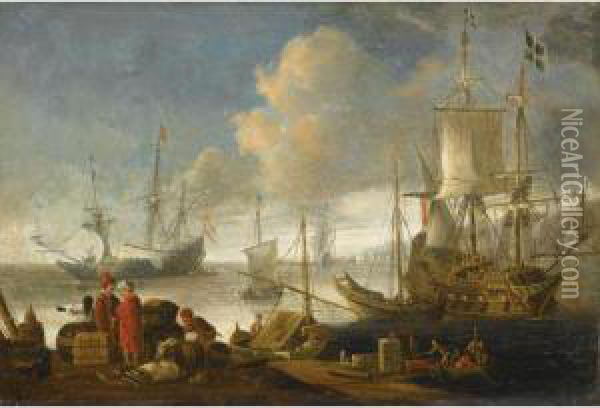A Mediterranean Harbour Scene, With Merchants Trading On The Quay, And Ships Beyond Oil Painting - Lorenzo A. Castro