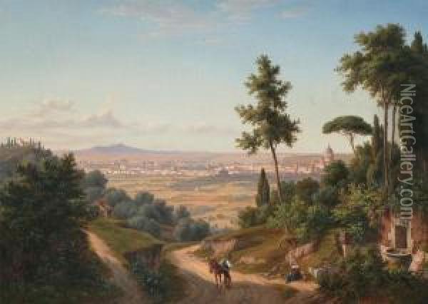 Panoramic Italianate Landscape With Figures Oil Painting - Eugene von Guerard