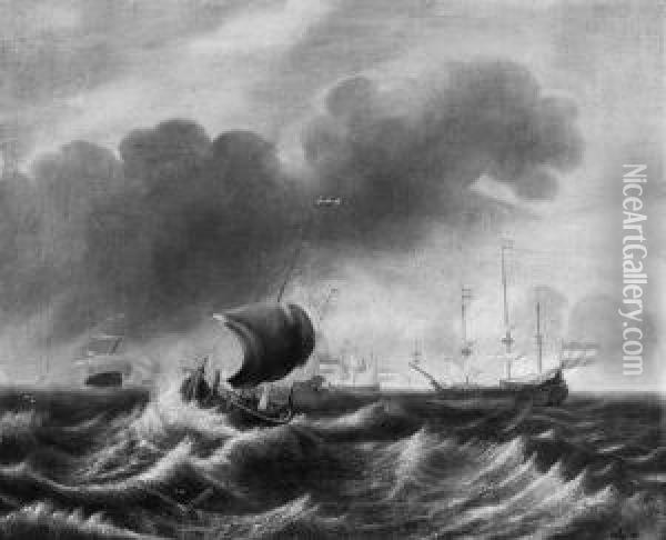 A Wijdschip And A Threemaster At Sea As A Storm Approaches, Othershipping Beyond Oil Painting - Hendrik Rietschoof