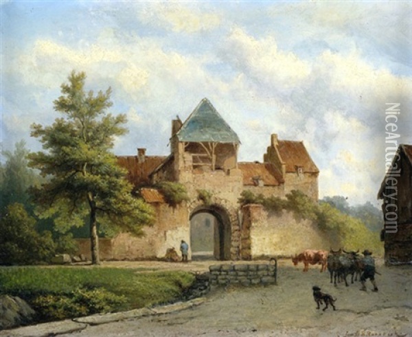 Viehtrieb Am Eingang Zum Gehoft Oil Painting - Johannes Hermanus Barend Koekkoek