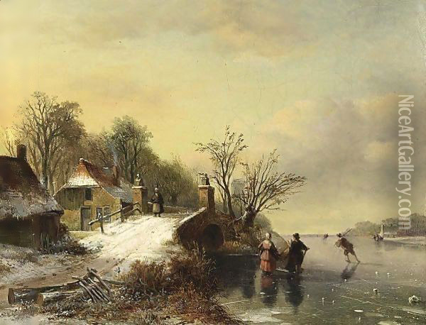 Skaters Near A Bridge Oil Painting - Nicolaas Johannes Roosenboom