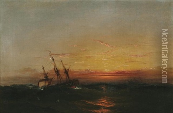 Ships At Sunset Oil Painting - James Hamilton
