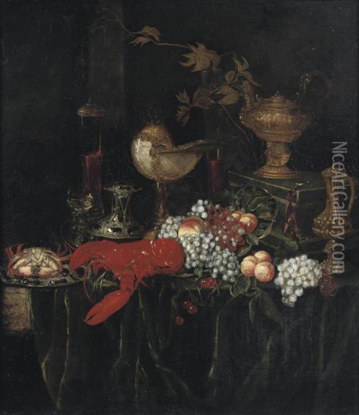 A Lobster, A Crab On An 
Enamelled Plate, Peaches, Grapes, Glasses Of Wine And Guilded Vessels On
 A Draped Table Oil Painting - Abraham Hendrickz Van Beyeren