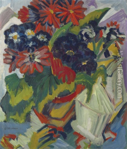 Blumentopf Und Zuckerdose;blumen Oil Painting - Ernst Ludwig Kirchner