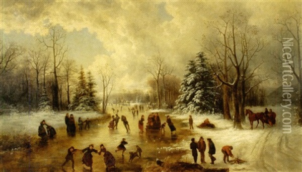 Winter Landscape With Skaters Oil Painting - William Charles Anthony Frerichs