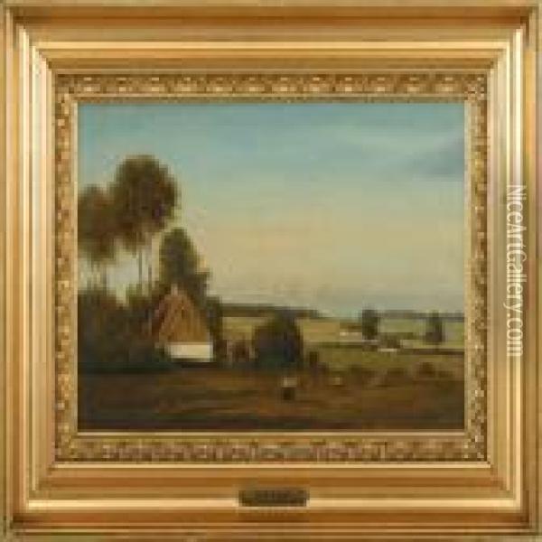 Landscape With Houses, Cattle And Milkmaid Oil Painting - August Vilhelm Boesen