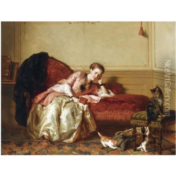 Watching The Kittens Play Oil Painting - David Joseph Bles