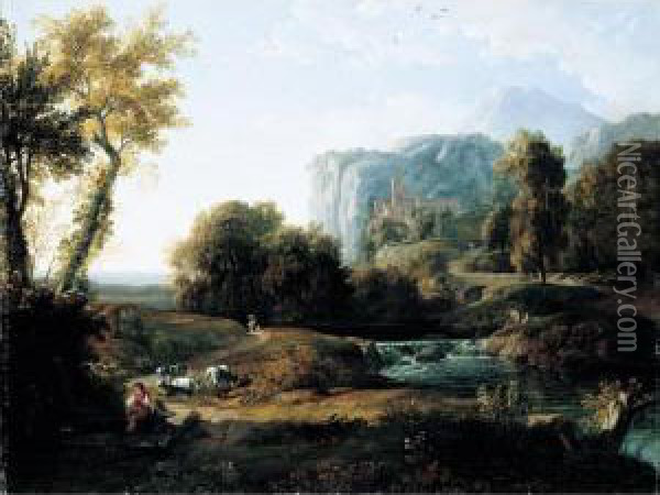 An Italianate Landscape With A Shepherd And Fishermen By A Stream Beyond Oil Painting - Nicolas-Didier Boguet