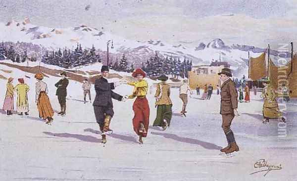 Skaters on the Ice Rink Oil Painting - Carlo Pellegrini