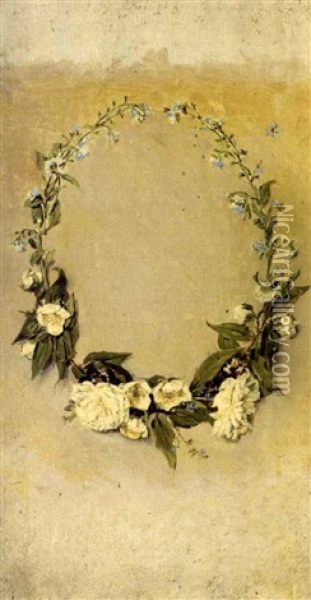 Wreath Of Yellow Roses On A Wall (+ Still-life Of A Flowering Branch, 1866, Oil On Canvas, Insc.; 2 Works) Oil Painting - Conrad Wise Chapman