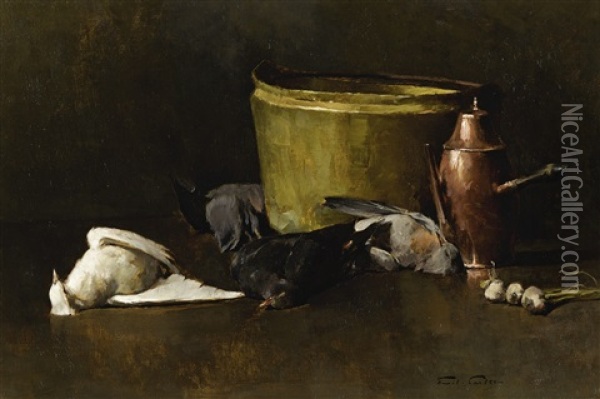 Still Life - Brass Bowl, Copper Coffee Pot And Pigeons Oil Painting - Emil Carlsen