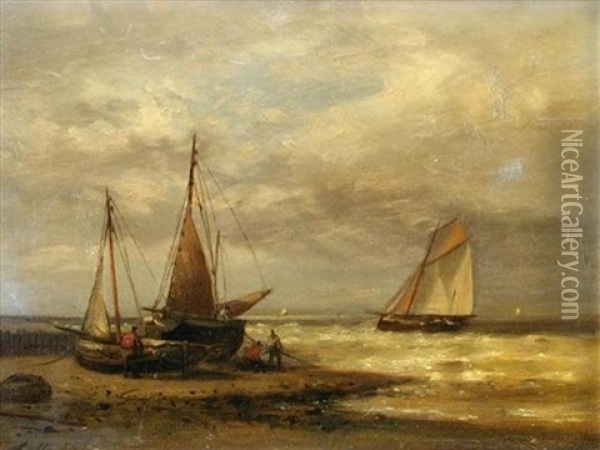 Sailing Ship On A Beach Oil Painting - Abraham Hulk the Elder
