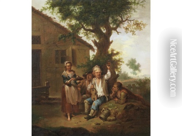 Peasants Drinking And Making Music Before An Inn Oil Painting - Johann Conrad Seekatz