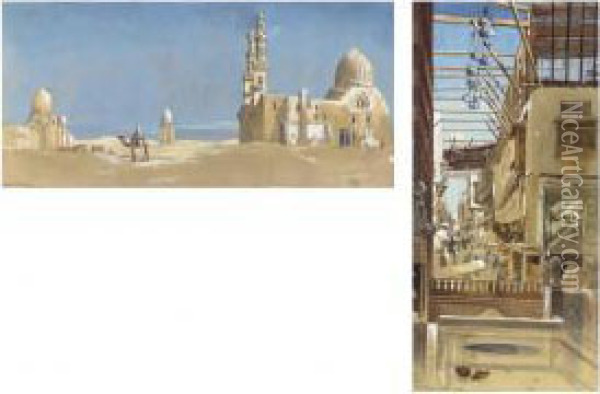 The Tombs Of The Cailiffs, Cairo; And An Oriental Bazaar, Cairo Oil Painting - Charles Robertson