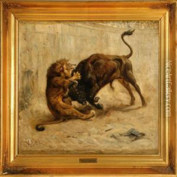 A Lion And Bull Fighting Oil Painting - Valdemar Irminger