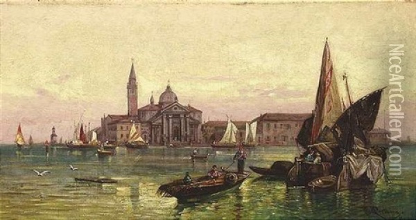 Abendstimmung Mit Booten Uber Dem Bacino Di San Marco In Venedig Oil Painting - Friedrich Perlberg