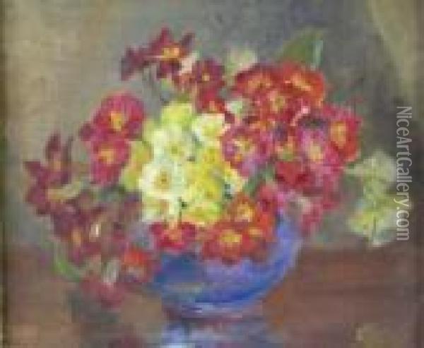 Flower Study In A Blue Vase Oil Painting - Kate Wylie