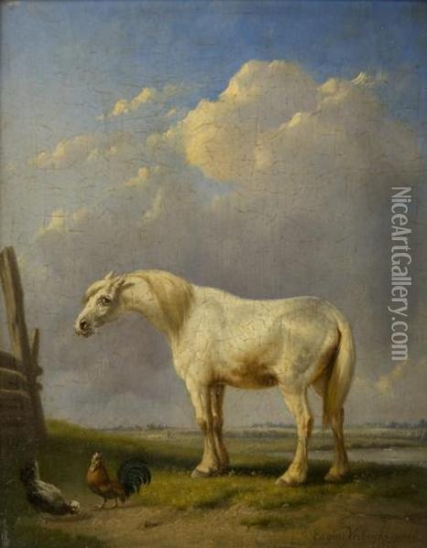 Cavallo Bianco E Due Galline In Un Paesaggio Di Campagna Oil Painting - Eugene Joseph Verboeckhoven