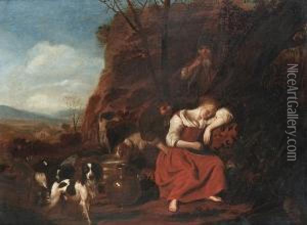 Two Men Trying To Wake A Sleeping Shepherdess With Spaniels And A Lurcher Nearby Oil Painting - Adriaen Cornelisz. Beeldemaker