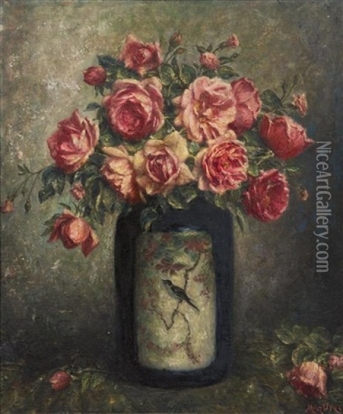 Still Life With Pink Roses Oil Painting - Adolfo Felice Mueller-Ury