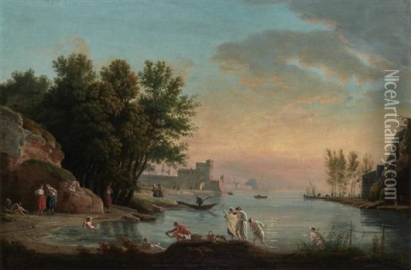 Bathers In A Mediterranean Coastal Landscape At Sunset Oil Painting - Charles Francois Lacroix