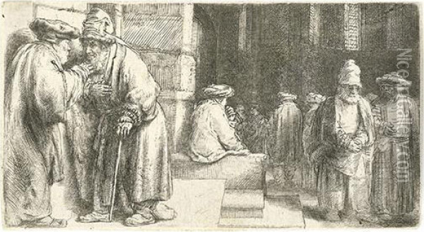 Jews In The Synagogue. Oil Painting - Rembrandt Van Rijn