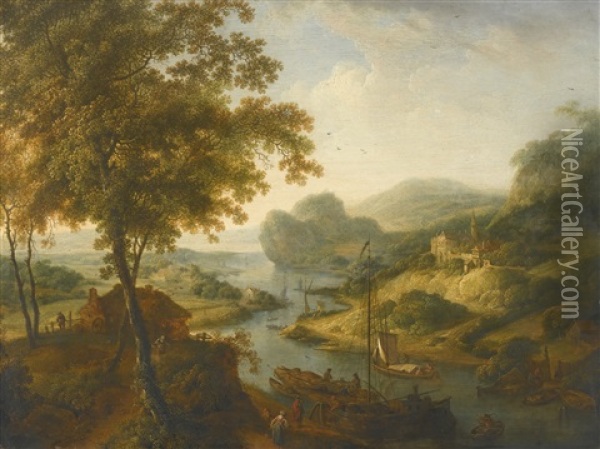 Mountainous River Landscape With Figures In Boats Oil Painting - Jan Griffier the Younger