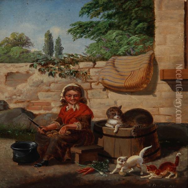 A Girl Doing The Vegetables At A Brick Wall, While The Cats Are Playing Oil Painting - Th. Dohn