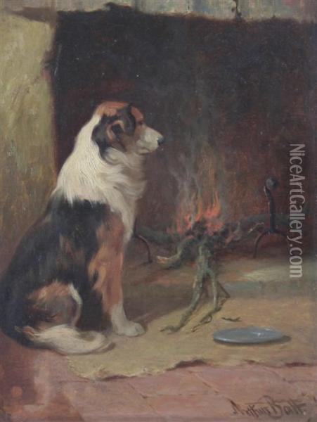 Collie By A Fireside Oil Painting - Arthur Batt
