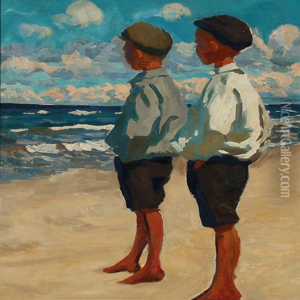Two Boys On Skagen Beach Oil Painting - Heinrich Hellhoff