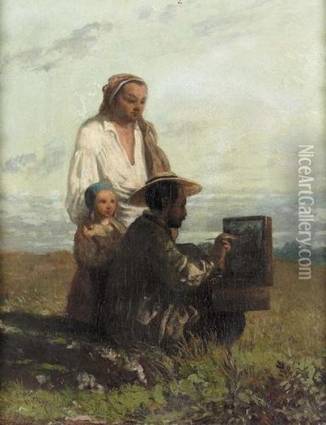 Kunstler Mit Malkasten In Landschaft. Oil Painting - Narcisse-Virgile D Az De La Pena