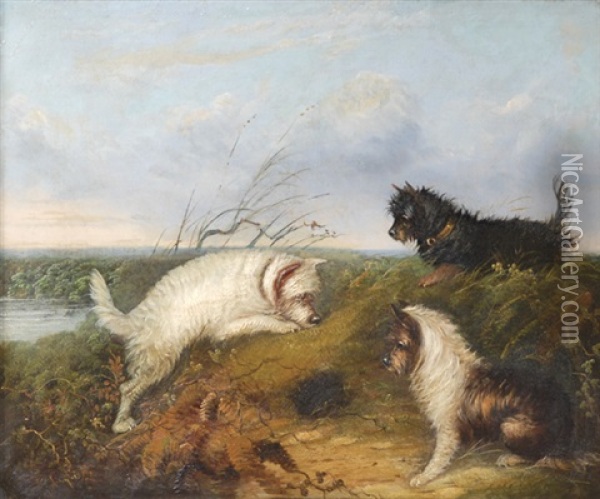 Terriers Rabbiting, Waiting At A Rabbit Hole Oil Painting - J. Langlois