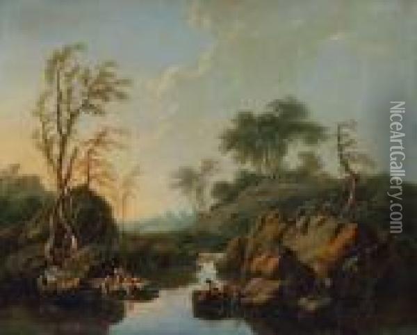 Landschaft Mit Wascherinnen, Anglern Und Hirten Oil Painting - Jean-Baptiste Pillement