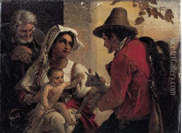 Scene Familiale Dans La Campagne Romaine. Oil Painting - Guillaume Bodinier
