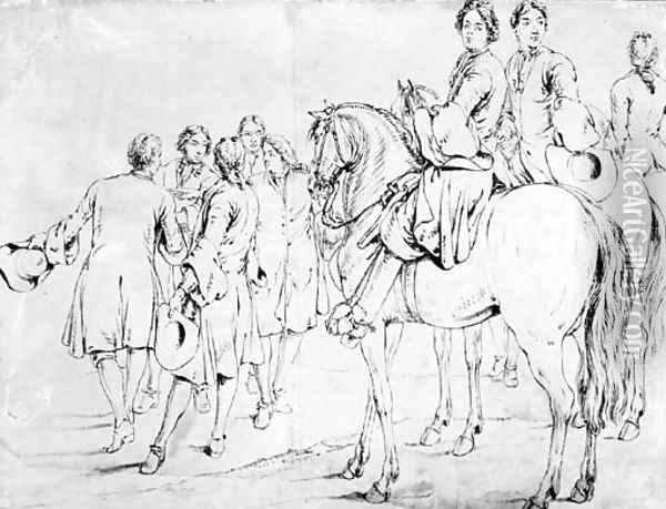 Two mounted Officers, a third behind and a group of five men conferring, some gesturing to the left Oil Painting - Adam Frans van der Meulen