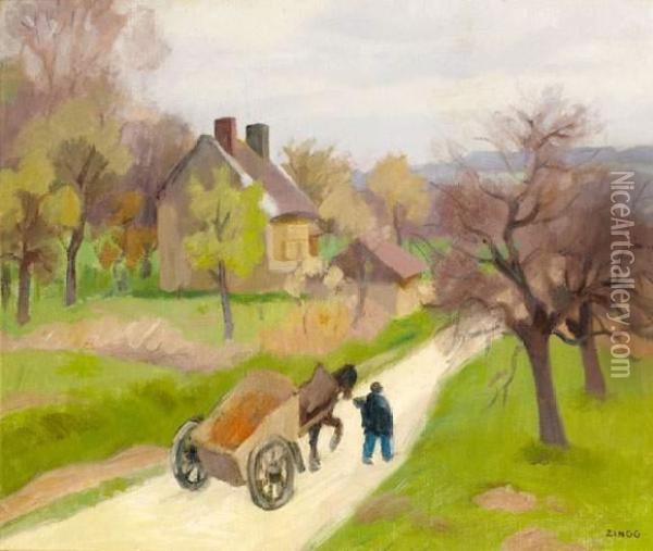 La Charette Sur La Route, Vexin 1937 Oil Painting - Jules Emile Zingg