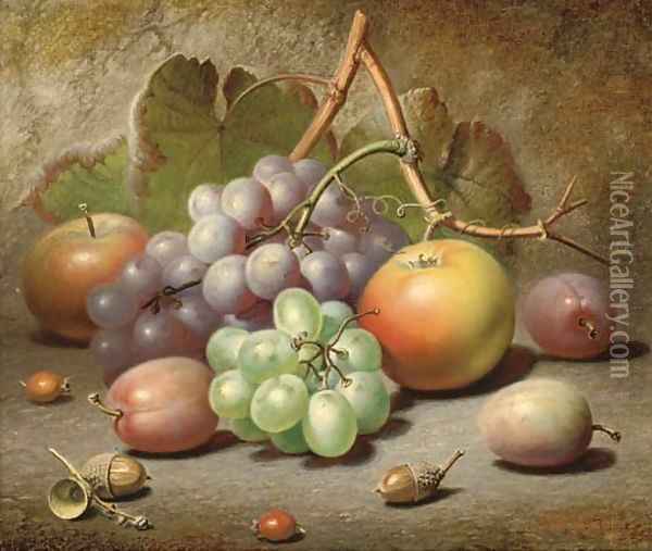 Grapes, apples, plums and acorns on a mossy bank Oil Painting - Charles Archer