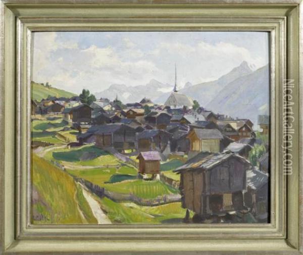 View Of The Village Of Munster In The Valais. Oil Painting - Ernst I Hodel