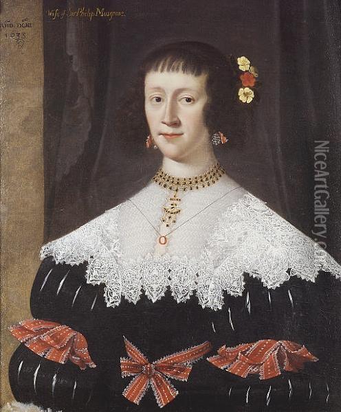 Portrait Of A Lady, Said To Be Lady Musgrave, Wife Of Sir Philip Musgrave, Half-length, In A Black Dress With A Lace Collar With Red Ribbons At Her Waist And Sleeves, Flowers In Her Hair Oil Painting - Gilbert Jackson
